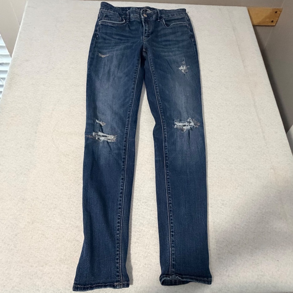 White House Black Market The Skinny Distressed Medium Wash Denim Jeans Sz 4